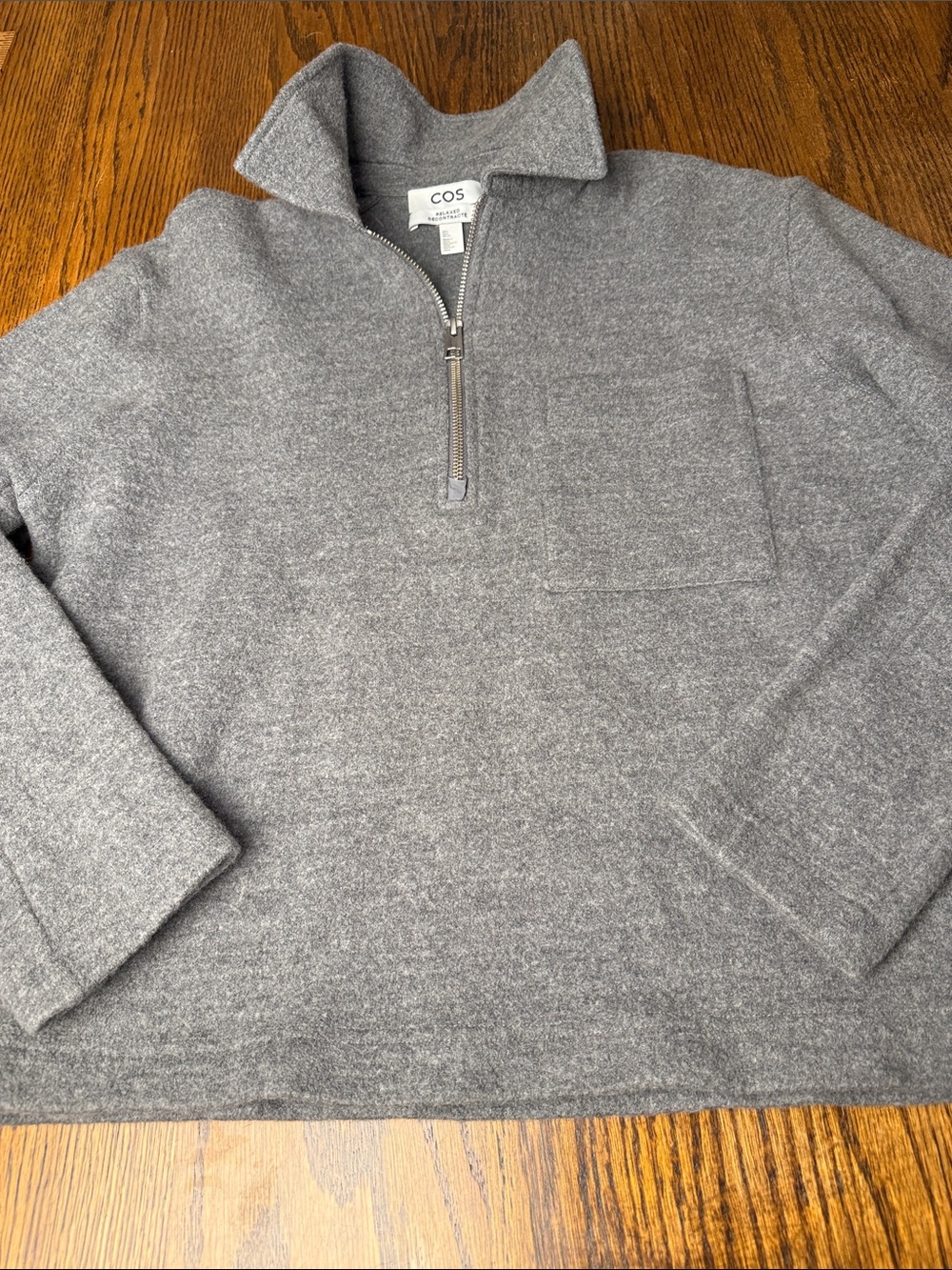 COS Men’s Wool Blend Half Zip Sweater Small Gray Boxy Collared Pullover Pocket